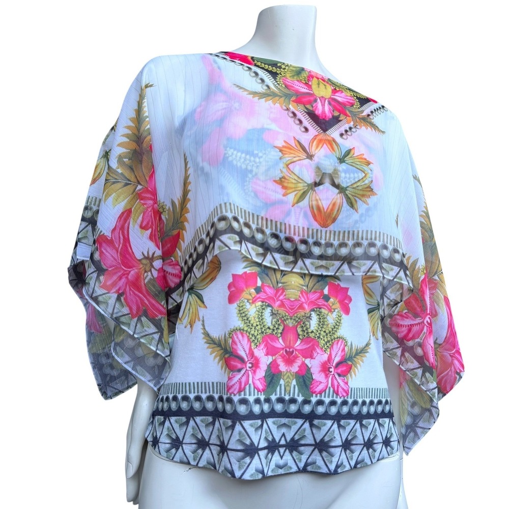One World Floral Poncho Top Metallic Tropical Boho Pink White Resortwear L